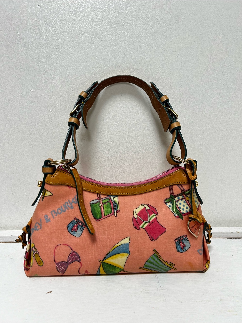 Vintage Y2K Dooney & Bourke Printed Canvas Shoulder Bag with Tan Trim